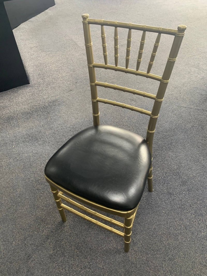 Rose Gold Tiffany Chair with Black Padded Seat, pattis hire